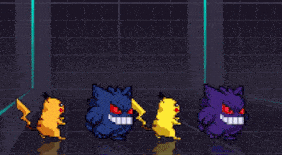 a pixel art of a pikachu and a gengar standing next to each other
