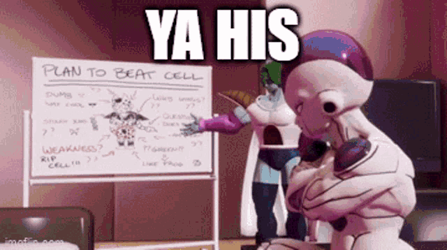 a robot is standing in front of a white board with the words ya his on it .