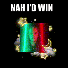 a man is standing in front of a green and red light with the words nah i 'd win written on it .
