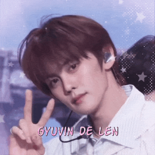 a young man giving a peace sign with the name gyuvin de len written below him