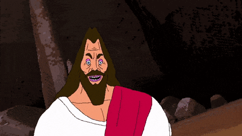 a cartoon drawing of jesus with a beard and a red robe