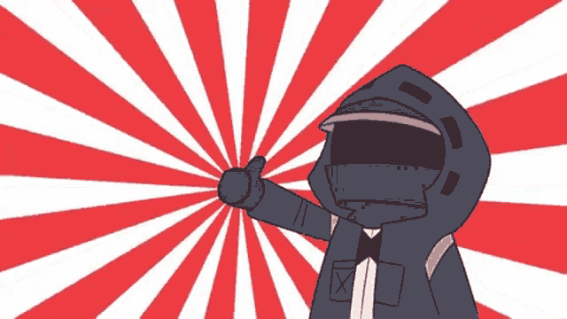 a cartoon character giving a thumbs up in front of a red white and blue striped background