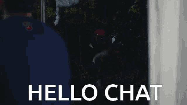 a man standing in front of a window with the words hello chat on it
