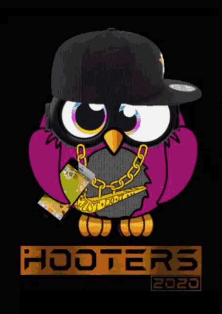 a poster for hooters a new today 2020 with an owl wearing a black hat