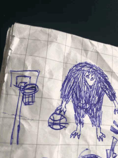 a drawing of a monster holding a basketball and a hoop