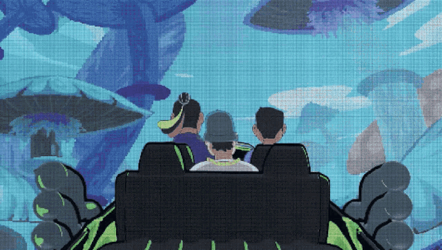 a group of people are riding a roller coaster in a pixelated drawing