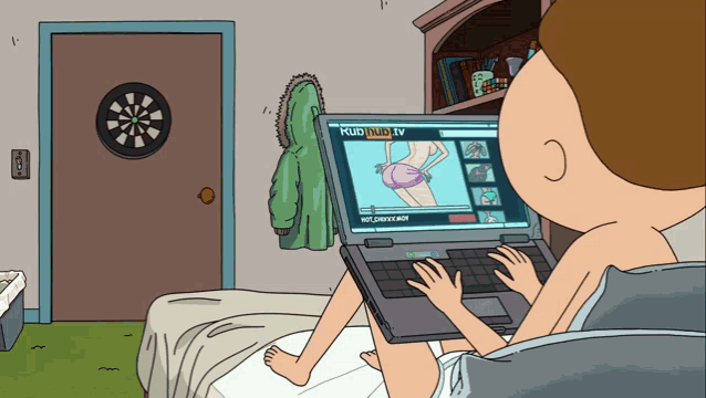 a cartoon of a man sitting on a bed using a laptop with pornhub on the screen