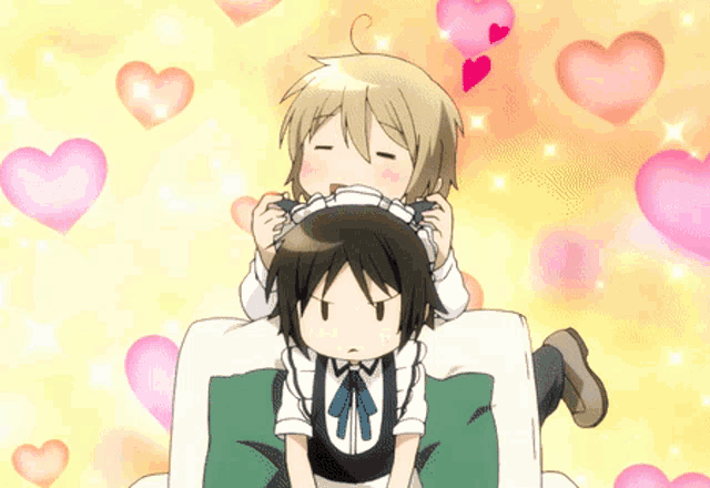 a girl in a maid outfit is sitting on a man 's shoulders