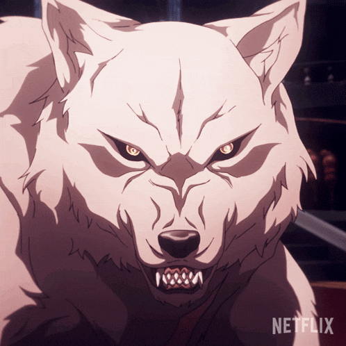 a close up of a white wolf with a netflix logo on the bottom