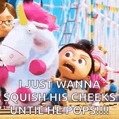 a girl is holding a stuffed unicorn and a stuffed unicorn is squeezing his cheeks until he pops .