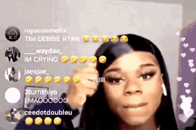 a woman with a comb in her hand is surrounded by a bunch of emojis