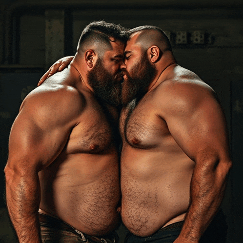 two bearded men kissing in front of a sign that says ' exit '