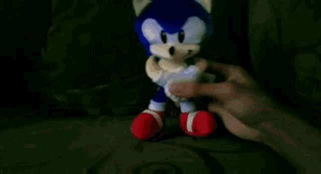 a person is holding a stuffed sonic the hedgehog .