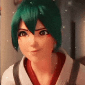 a close up of a cartoon character with green hair and brown eyes .