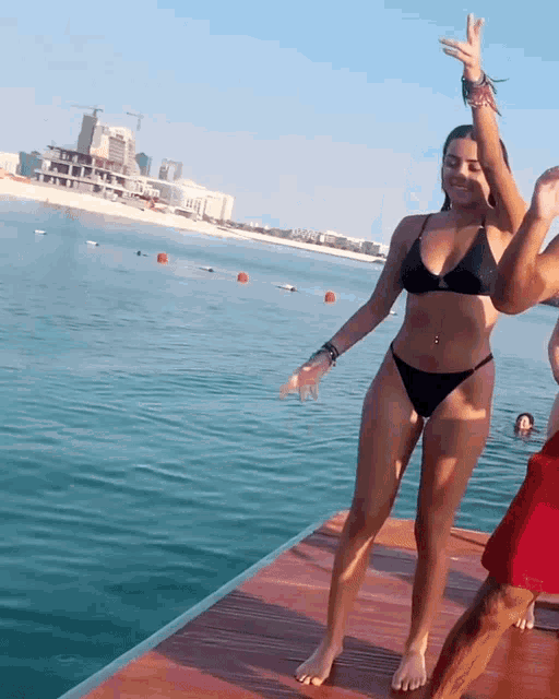 a woman in a black bikini is standing on a dock near the water