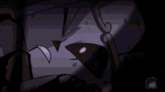 a black background with purple lines and a cartoon character