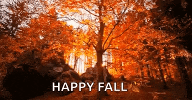 a happy fall greeting card with a tree in the foreground