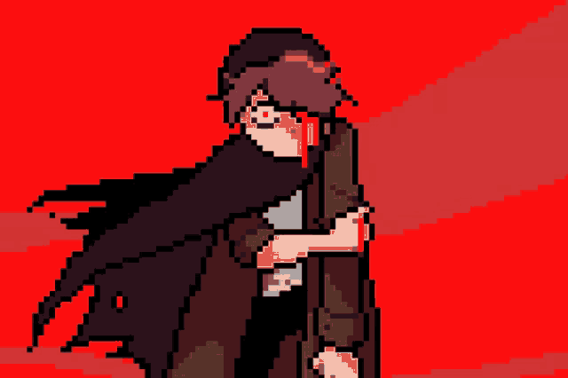 a pixel art of a person holding a sword