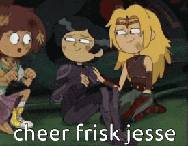 a cartoon of three girls sitting next to each other with the words cheer frisk jesse written on the bottom