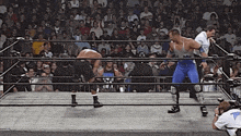 two wrestlers are in a ring with a crowd watching