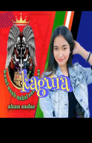 a woman is standing in front of a kagura logo