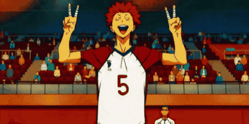 a volleyball player with the number 5 on his shirt is giving the middle finger in front of a crowd of people .