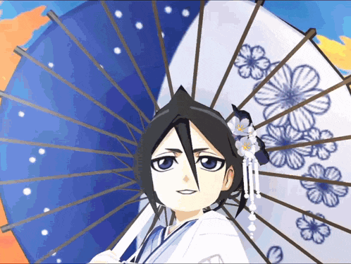 a girl with black hair is holding an umbrella with flowers on it