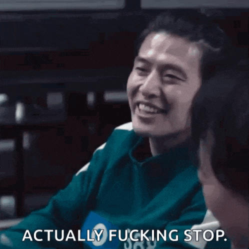 a man in a green jacket is making a funny face and saying `` actually fucking stop '' .