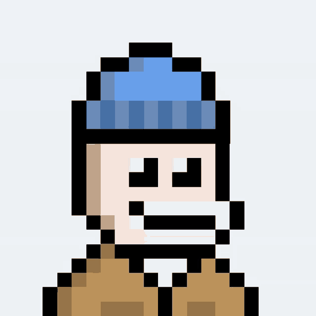 a pixel art drawing of a man wearing a blue beanie