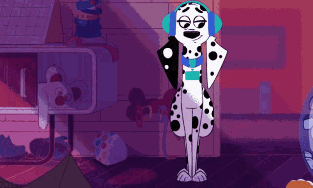 a dalmatian wearing headphones stands in front of a purple wall