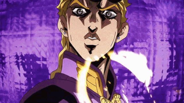 a cartoon character with a purple background and a yellow flame coming out of his mouth