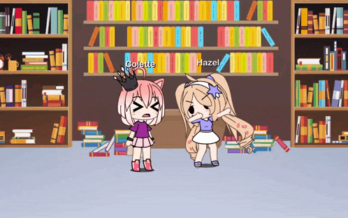 colette and hazel are standing in front of a library