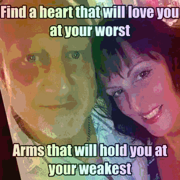a man and a woman are posing for a picture with the words find a heart that will love you at your worst