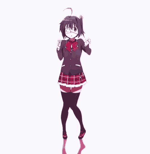a girl in a school uniform is dancing with her hands in the air .