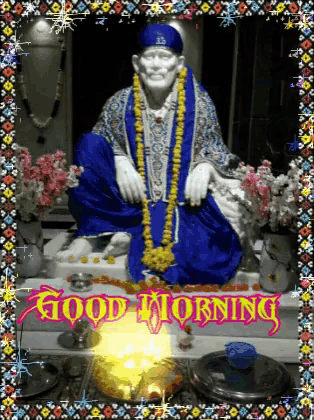a picture of a statue of a man with the words good morning written on it
