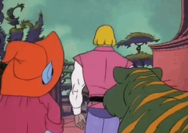 a group of cartoon characters standing next to each other including one wearing a red hat