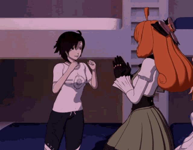 two anime characters are standing next to each other in a bunk bed