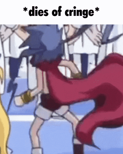 a cartoon character with a red cape is dancing in front of a crowd and the caption says * dies of cringe *