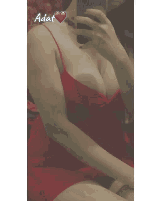 a woman in a red bra is taking a selfie with a heart and the word adat on the bottom .