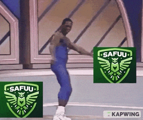 a man is dancing on a stage in front of a sign that says safuu on it .