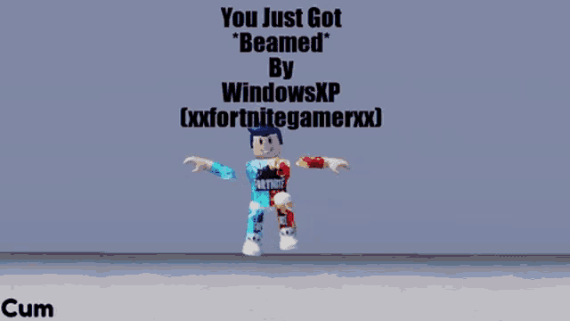 a cartoon character with the words you just got beamed by windows xp