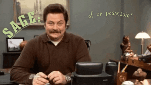 a man with a mustache is sitting at a desk with the words sage of er possessin behind him