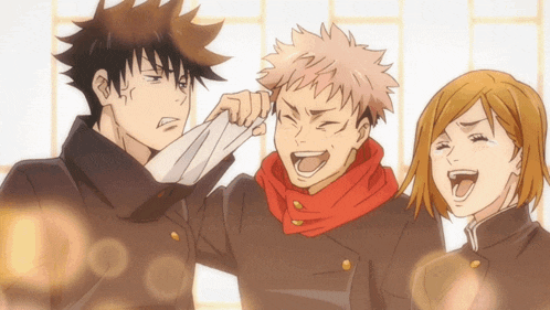 three anime characters are posing for a picture and one is laughing