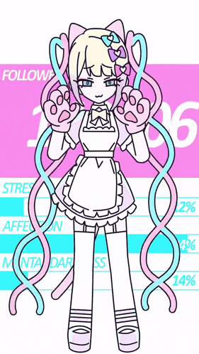 a drawing of a girl in a maid outfit with a pink and blue background that says " follow "