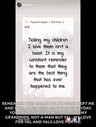 a screenshot of a text that says telling my children i love them isn 't a habit