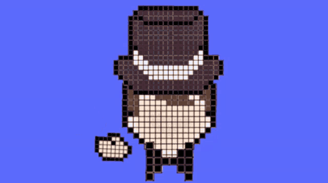 a pixel art of a man wearing a hat and a circle with the letter r on it