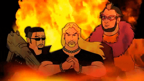 three men are standing in front of a fire .