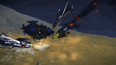 a group of space ships are flying through the air