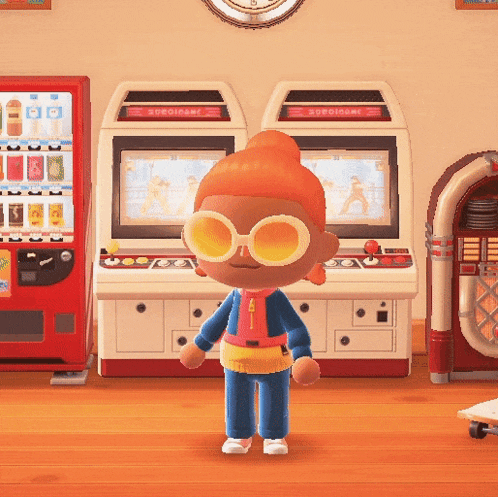 a video game character wearing sunglasses is standing in front of a jukebox and arcade machine