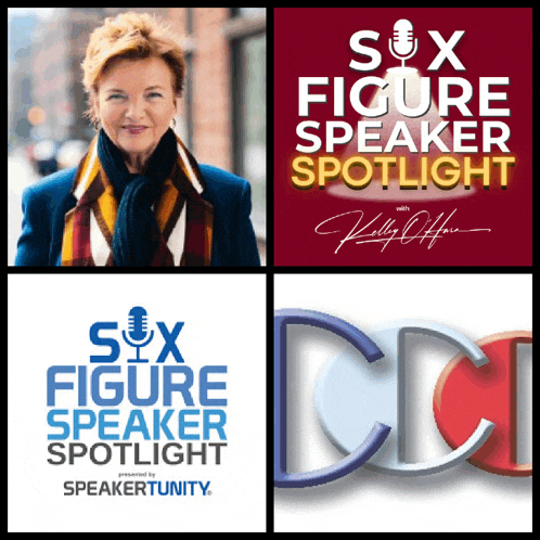 a woman is featured on a six figure speaker spotlight podcast